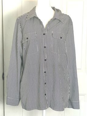 Notations Blouse Womens Large Black and White Striped Button-Down